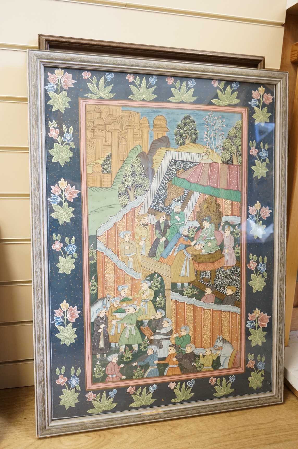 Four Persian and Indian Mughal style watercolours, to include one depicting an emperor and attendants, together with a decorative Chinese silk embroidery, largest 89 x 49cm